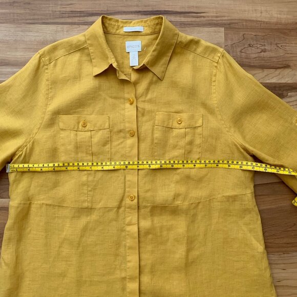 Chico’s 100% Linen 1/4 Button Front Tunic Shirt Top Yellow Size 12 Popover - Picture 2 of 11